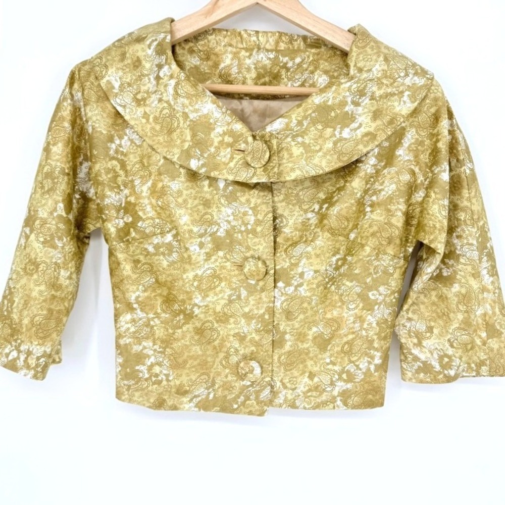 VTG Mara by Romay Gold Paisley Brocade Crop‎ Jacket Portrait Collar Regency 60s